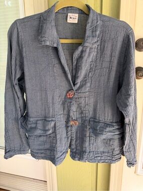 La BOTTEGA Di BRUNELLA TEXTURED GAUZEY  FLAX  LINEN JACKET Navy Petite Excellent